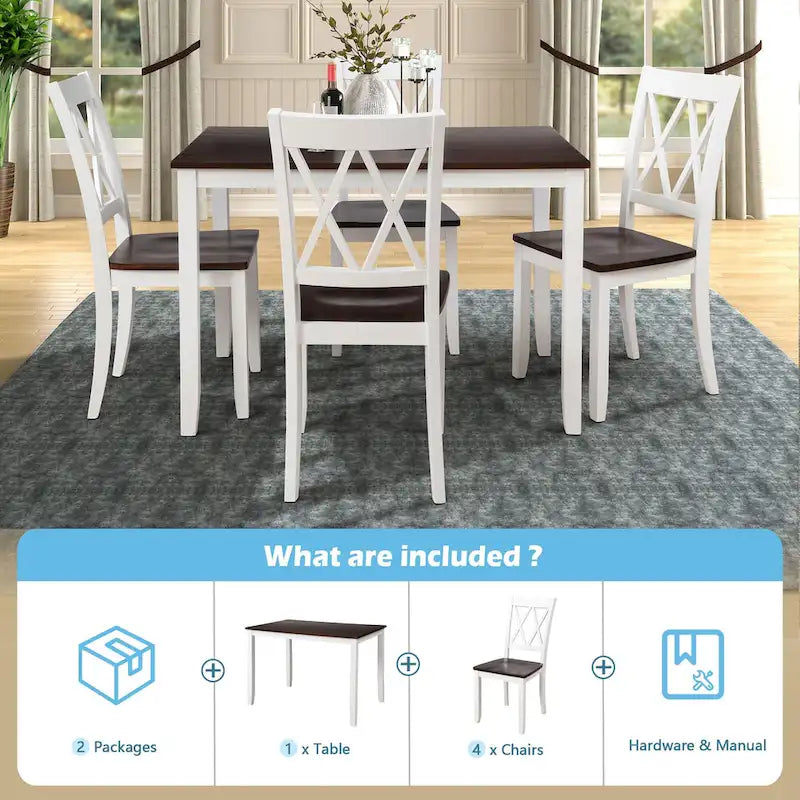 Ensemble de table et de chaises de cuisine de ferme avec patins antidérapants et chaises à dossier en X pour la cuisine