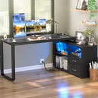 Reversible 55 L Shaped Desk with File Cabinet & Power Outlet,Corner Computer Desks with LED Strip  Drawer