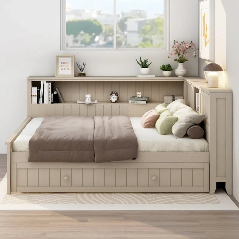 Lit de Repos Double en L Blanc Antique avec Étagères de Rangement, Compartiments Coulissants et Lit Gigogne Caché