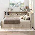Lit de Repos Double en L Blanc Antique avec Étagères de Rangement, Compartiments Coulissants et Lit Gigogne Caché