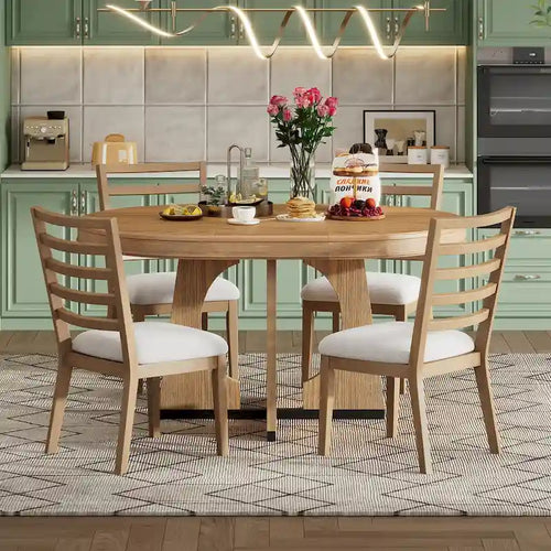 Ensemble de salle à manger rustique et fonctionnel 5 pièces, comprenant 1 table extensible avec rallonge de 40 cm et 4 chaises rembourrées