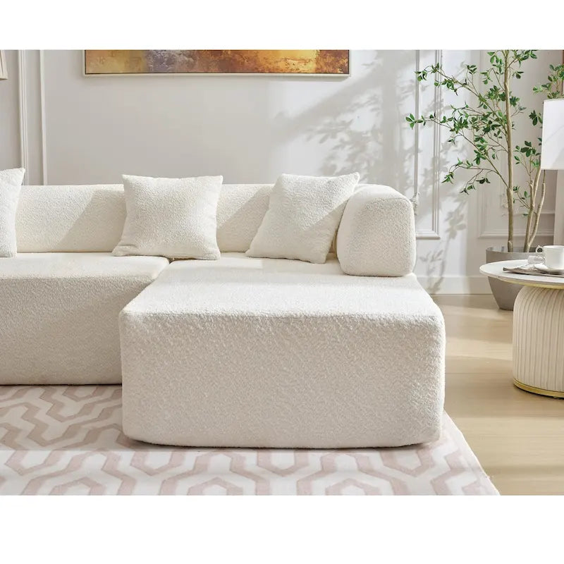 Canapé sectionnel modulaire en forme de L, 3 pièces, en tissu bouclé, blanc ivoire, 140 po, grande taille, combinaison libre, aucun assemblage requis