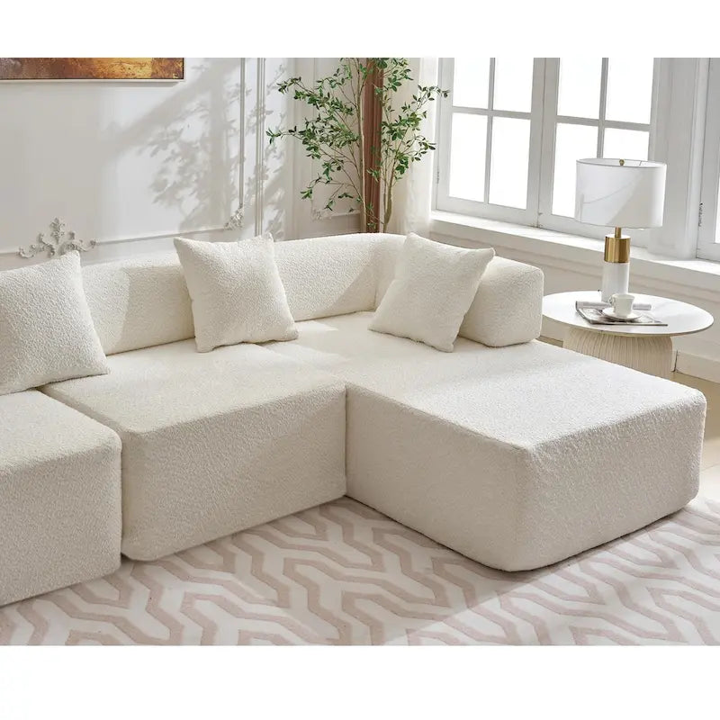 Canapé sectionnel modulaire en forme de L, 3 pièces, en tissu bouclé, blanc ivoire, 140 po, grande taille, combinaison libre, aucun assemblage requis