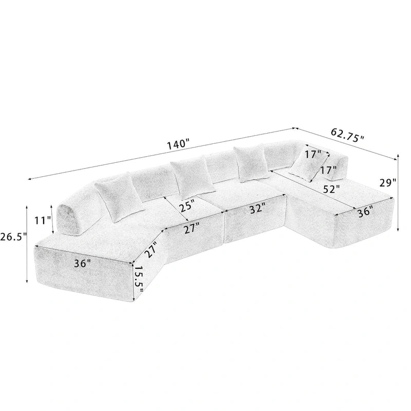Canapé sectionnel modulaire en forme de L, 3 pièces, en tissu bouclé, blanc ivoire, 140 po, grande taille, combinaison libre, aucun assemblage requis