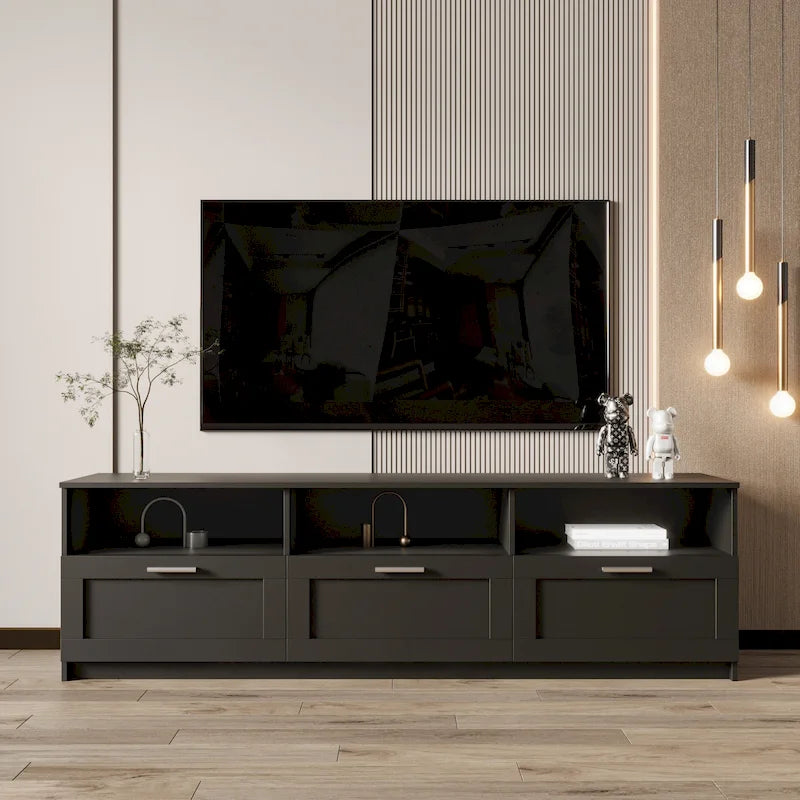 Meuble TV minimaliste moderne noir, meuble de rangement, 3 tiroirs, pour téléviseur 80 pouces - 41 x 180 x 53 cm