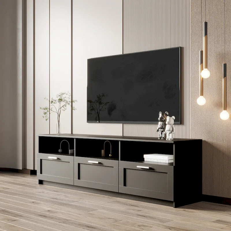 Meuble TV minimaliste moderne noir, meuble de rangement, 3 tiroirs, pour téléviseur 80 pouces - 41 x 180 x 53 cm