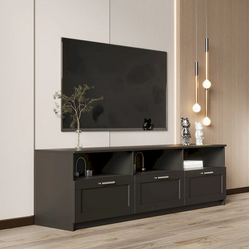 Meuble TV minimaliste moderne noir, meuble de rangement, 3 tiroirs, pour téléviseur 80 pouces - 41 x 180 x 53 cm