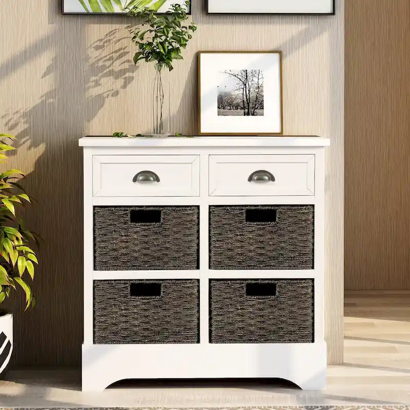 Meuble de rangement avec deux tiroirs et quatre paniers classiques en rotin