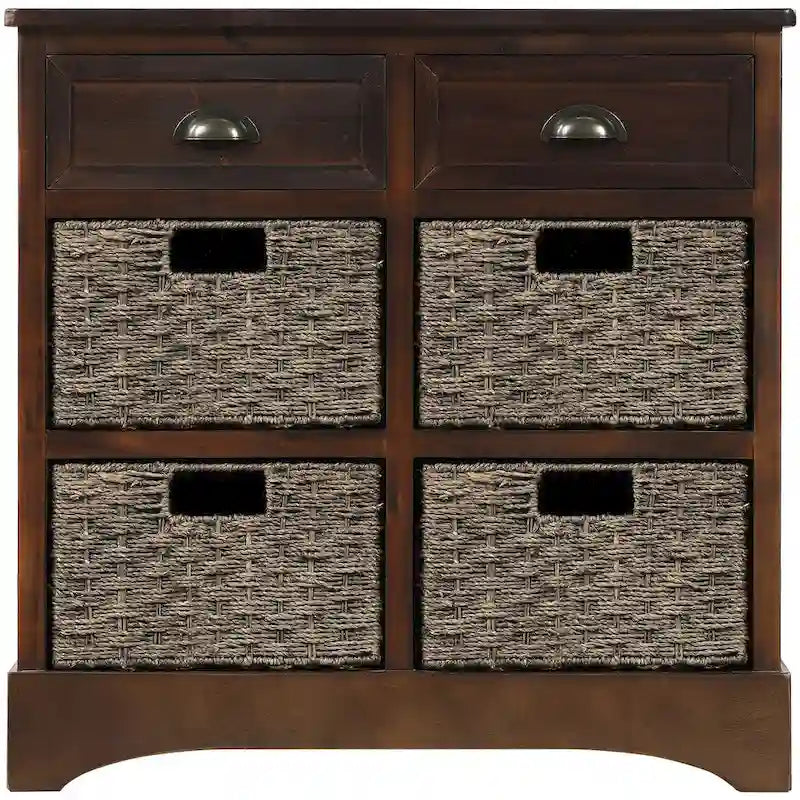 Meuble de rangement avec deux tiroirs et quatre paniers classiques en rotin
