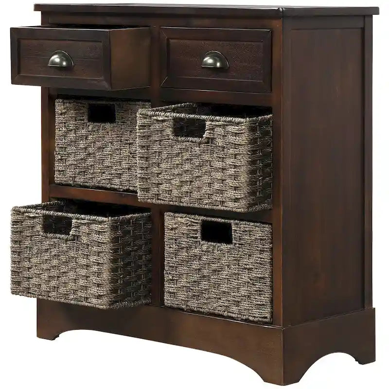 Meuble de rangement avec deux tiroirs et quatre paniers classiques en rotin