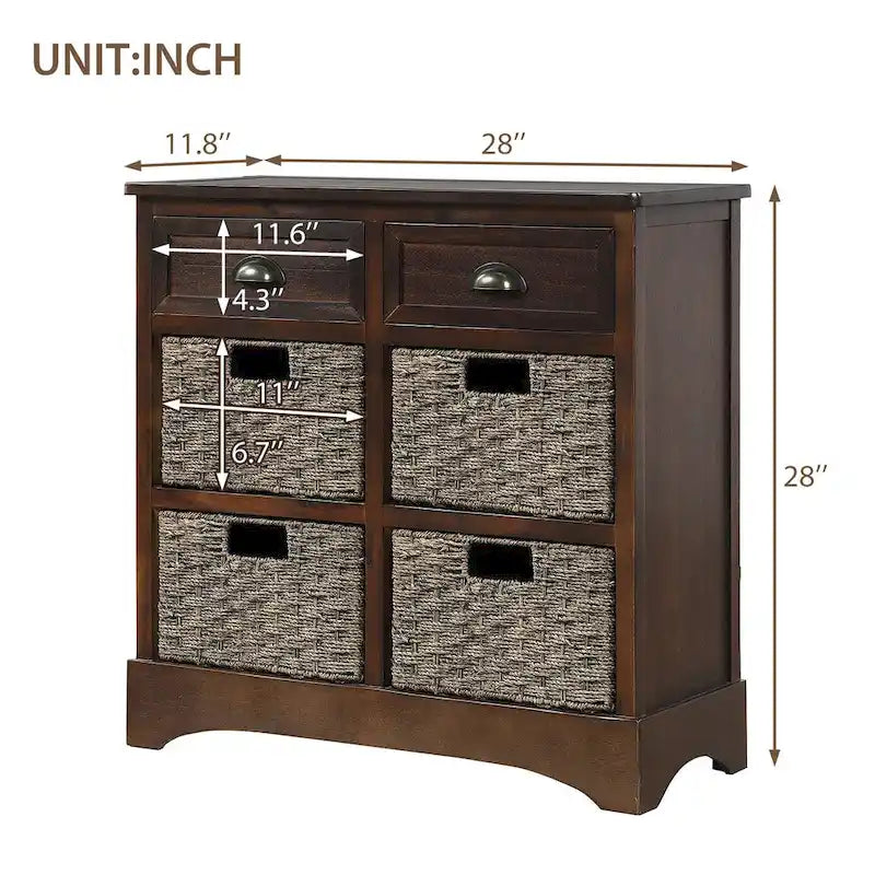 Meuble de rangement avec deux tiroirs et quatre paniers classiques en rotin