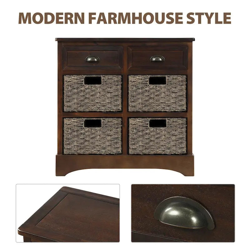 Meuble de rangement avec deux tiroirs et quatre paniers classiques en rotin