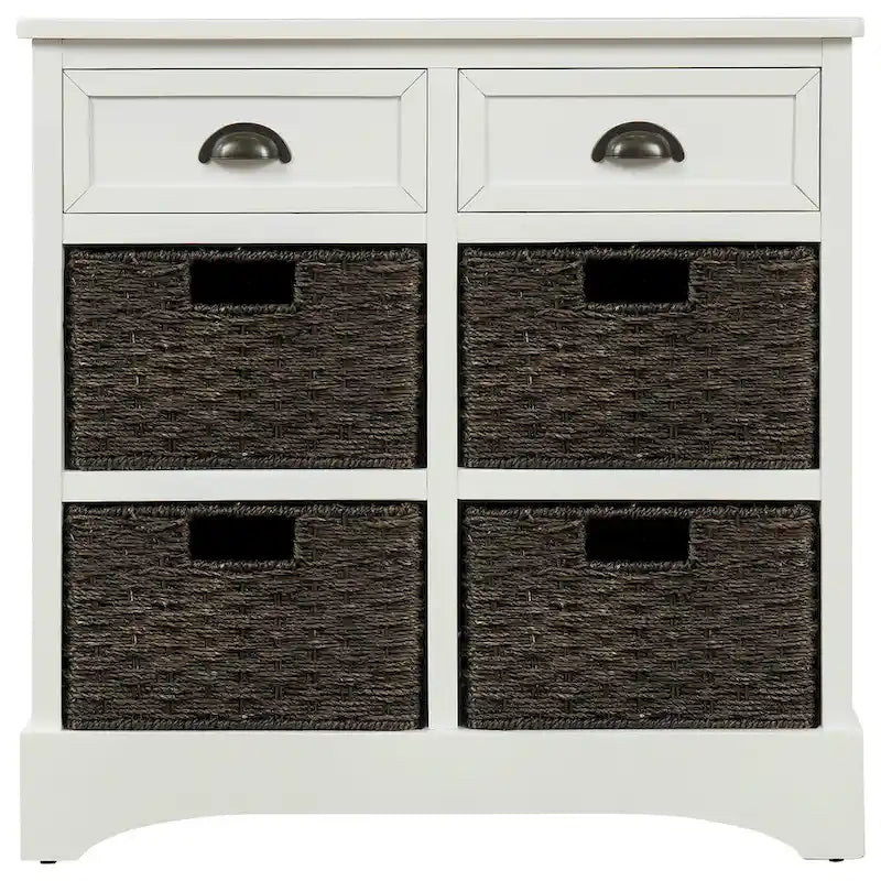 Meuble de rangement avec deux tiroirs et quatre paniers classiques en rotin