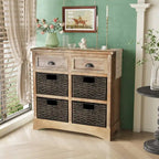 Meuble de rangement avec deux tiroirs et quatre paniers classiques en rotin
