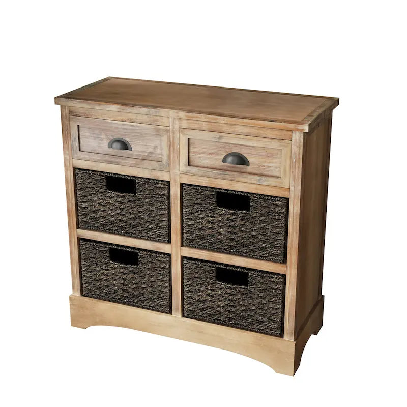 Meuble de rangement avec deux tiroirs et quatre paniers classiques en rotin