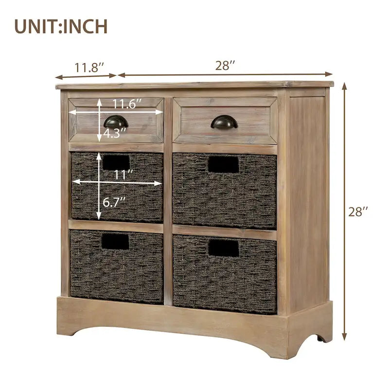 Meuble de rangement avec deux tiroirs et quatre paniers classiques en rotin