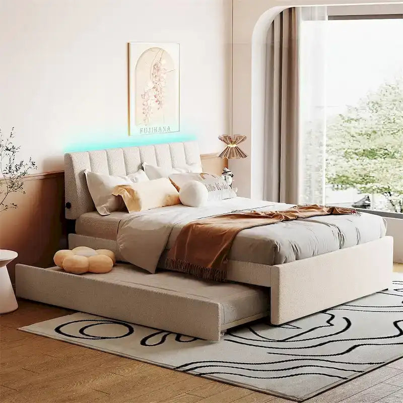 Teddy Fleece Full Size Upholstered Platform Bed with Trundle