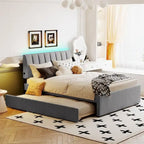 Lit plate-forme capitonné taille complète en tissu polaire avec lit gigogne