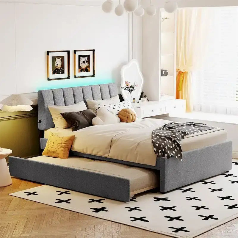 Lit plate-forme capitonné taille complète en tissu polaire avec lit gigogne