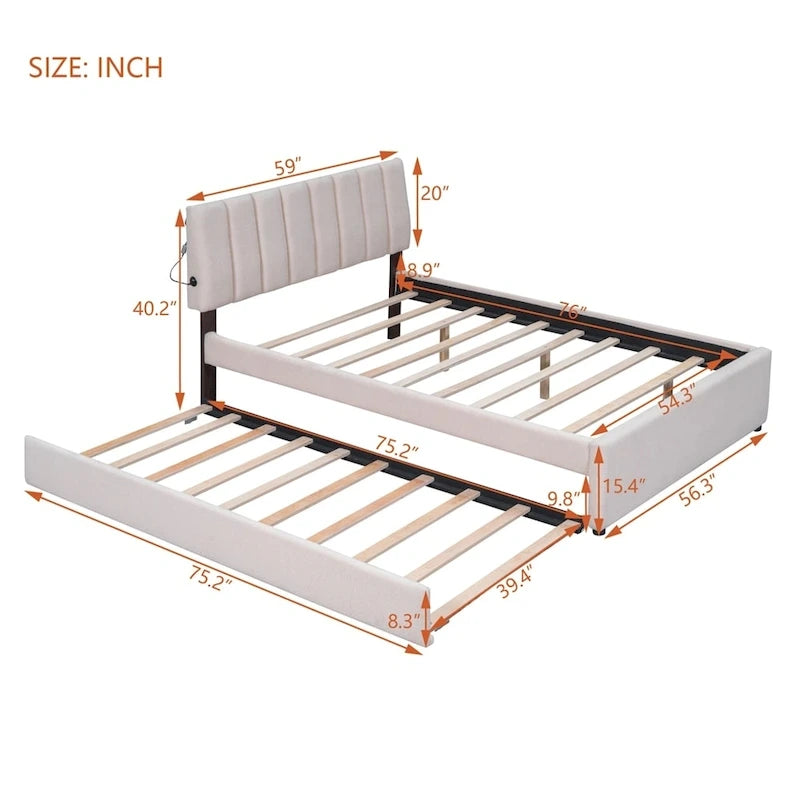 Lit plate-forme capitonné taille complète en tissu polaire avec lit gigogne