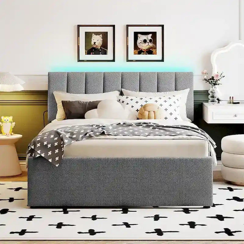 Lit plate-forme capitonné taille complète en tissu polaire avec lit gigogne
