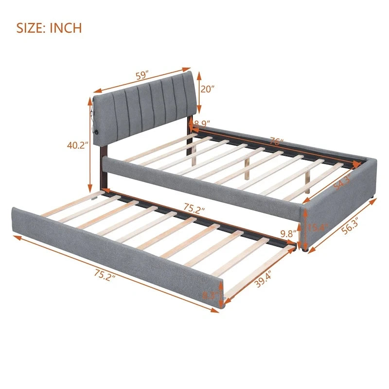 Lit plate-forme capitonné taille complète en tissu polaire avec lit gigogne
