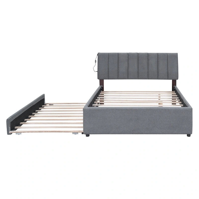 Lit plate-forme capitonné taille complète en tissu polaire avec lit gigogne