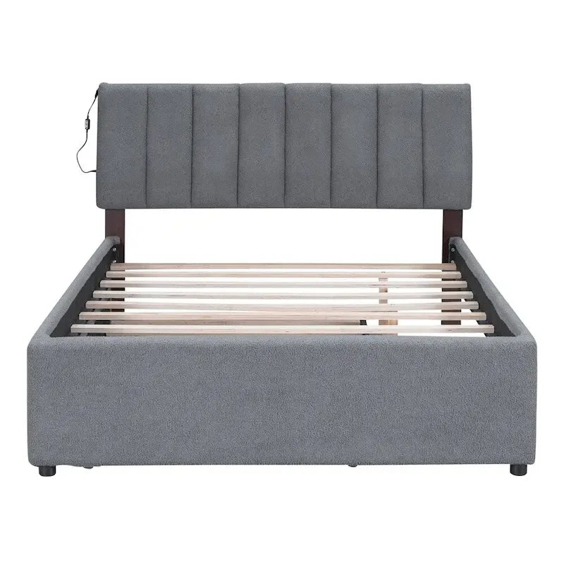 Lit plate-forme capitonné taille complète en tissu polaire avec lit gigogne