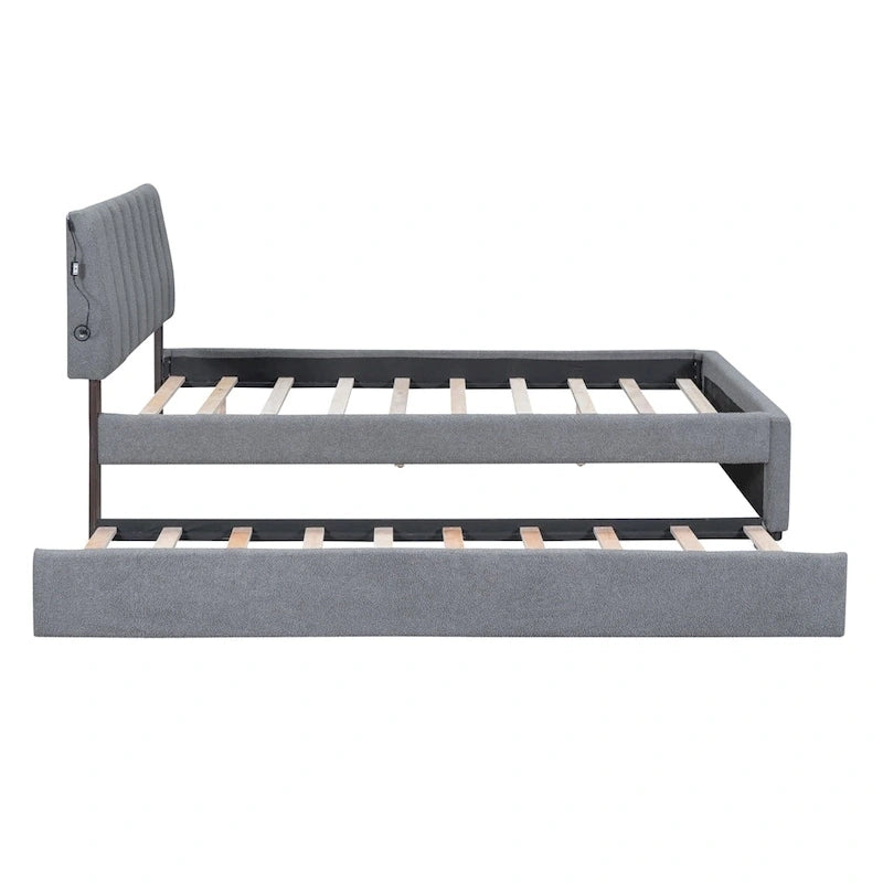 Lit plate-forme capitonné taille complète en tissu polaire avec lit gigogne