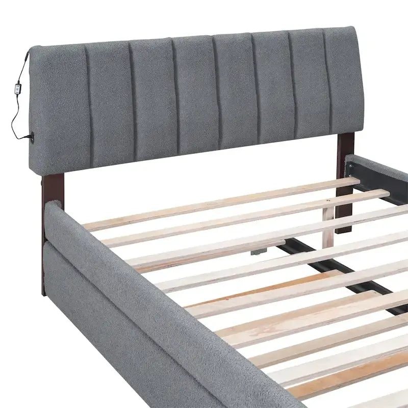 Lit plate-forme capitonné taille complète en tissu polaire avec lit gigogne