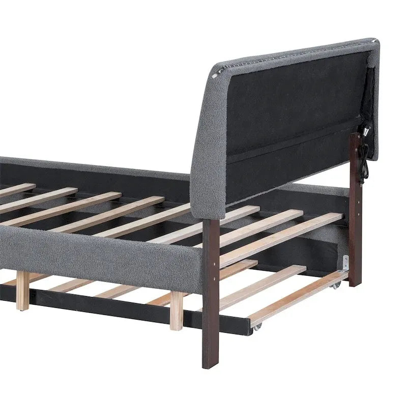Lit plate-forme capitonné taille complète en tissu polaire avec lit gigogne
