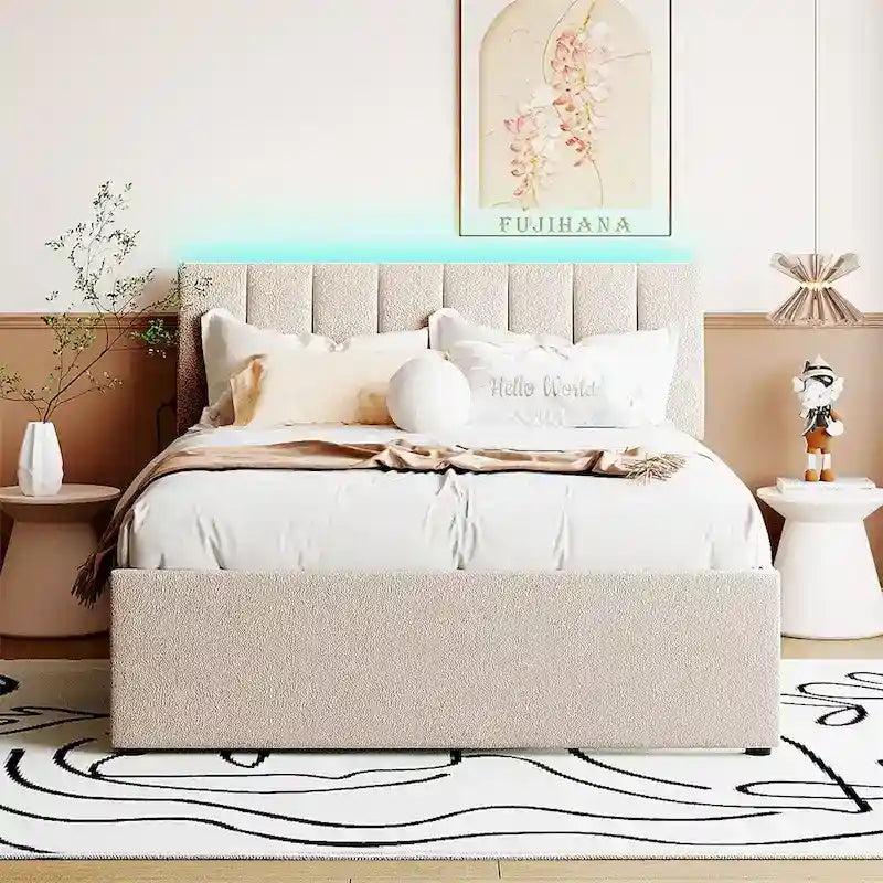 Lit plate-forme capitonné taille complète en tissu polaire avec lit gigogne