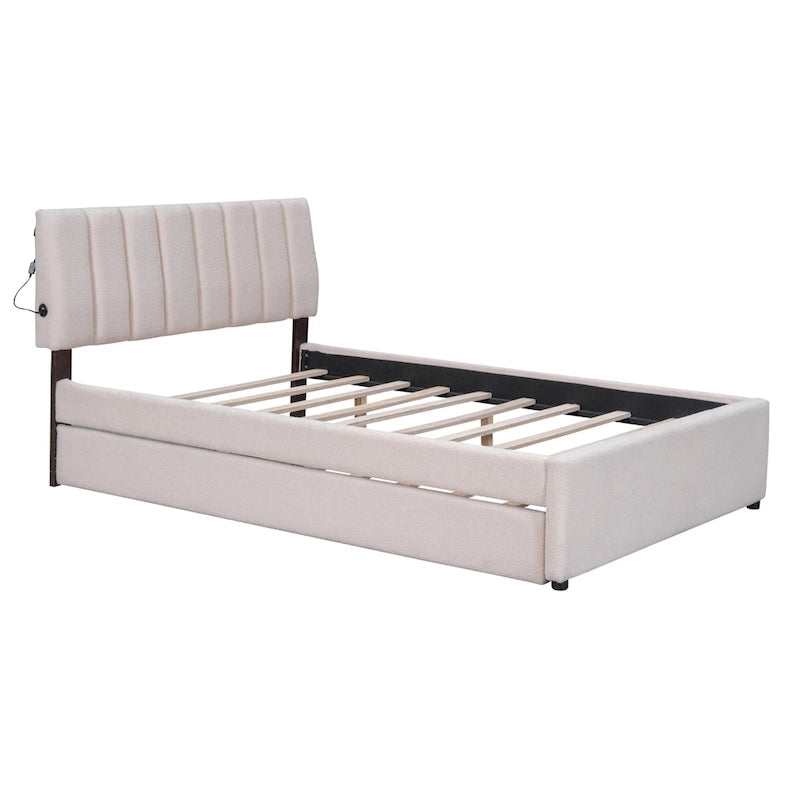 Lit plate-forme capitonné taille complète en tissu polaire avec lit gigogne