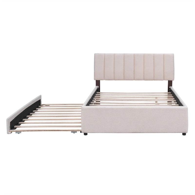 Lit plate-forme capitonné taille complète en tissu polaire avec lit gigogne