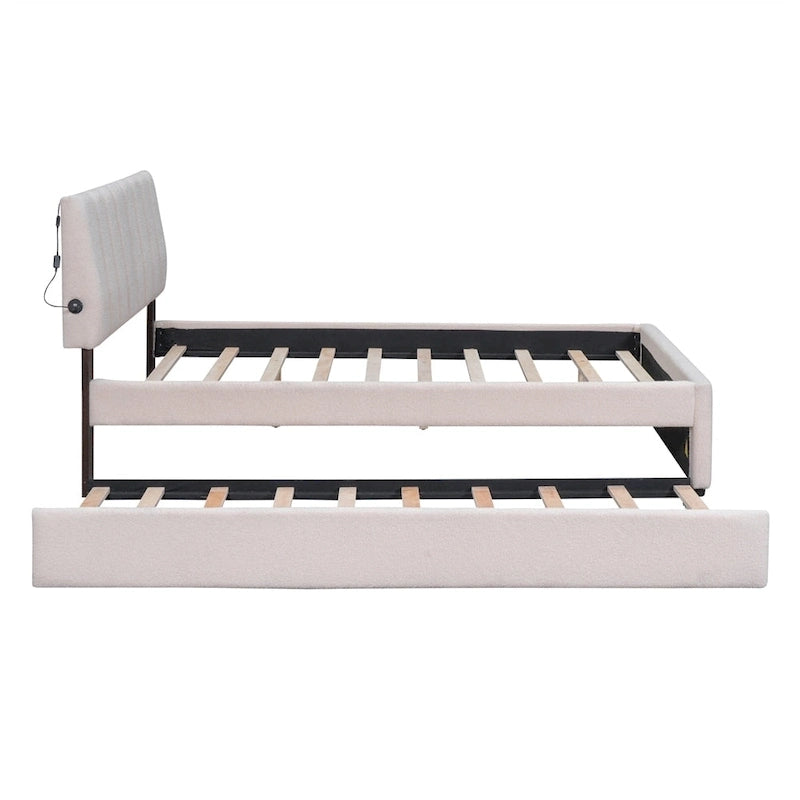 Lit plate-forme capitonné taille complète en tissu polaire avec lit gigogne