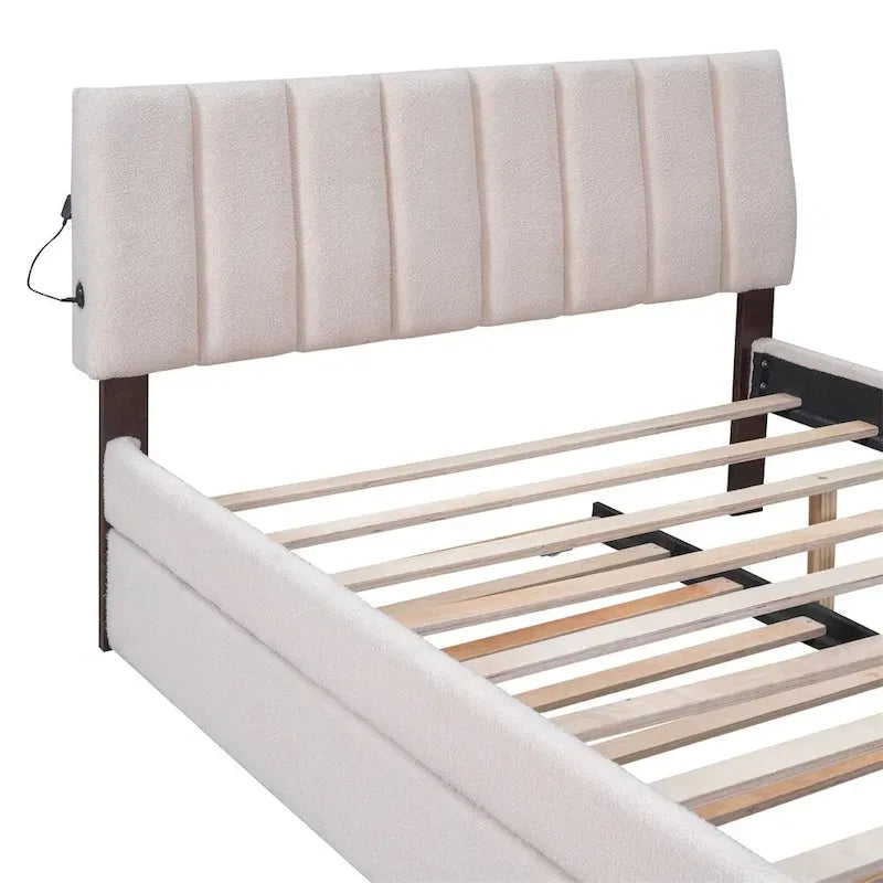 Lit plate-forme capitonné taille complète en tissu polaire avec lit gigogne