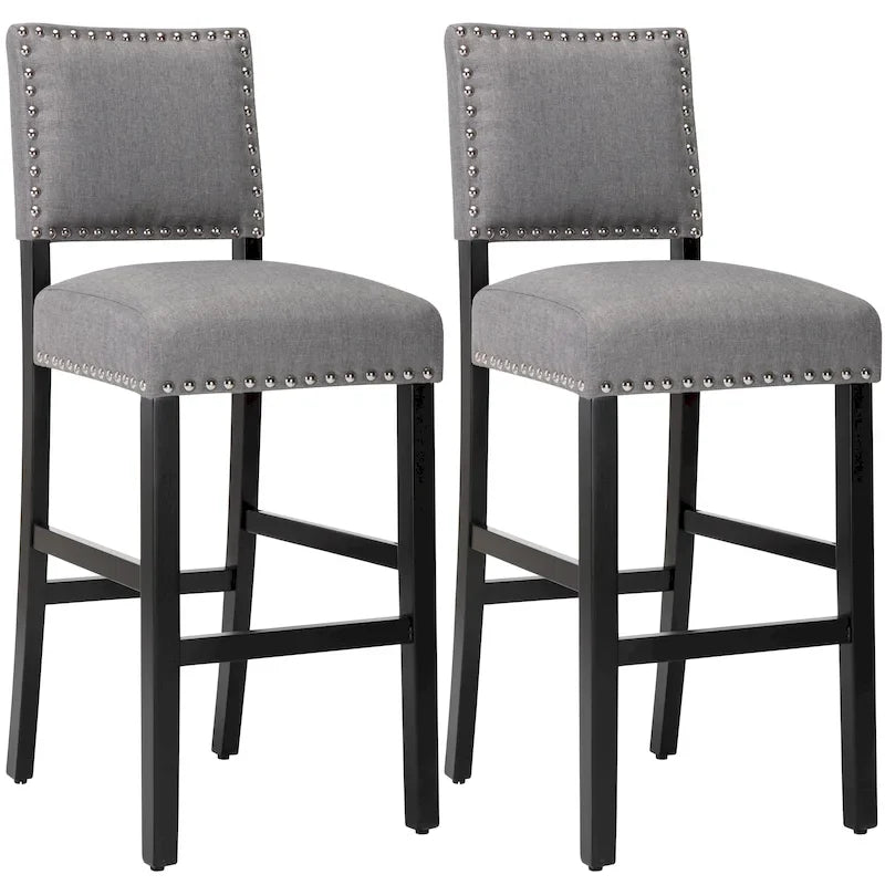 Tabourets de bar en tissu de 71 cm, tabourets de bar rembourrés Chaises de pub avec dossier et garniture de clous argentés, ensemble de 2