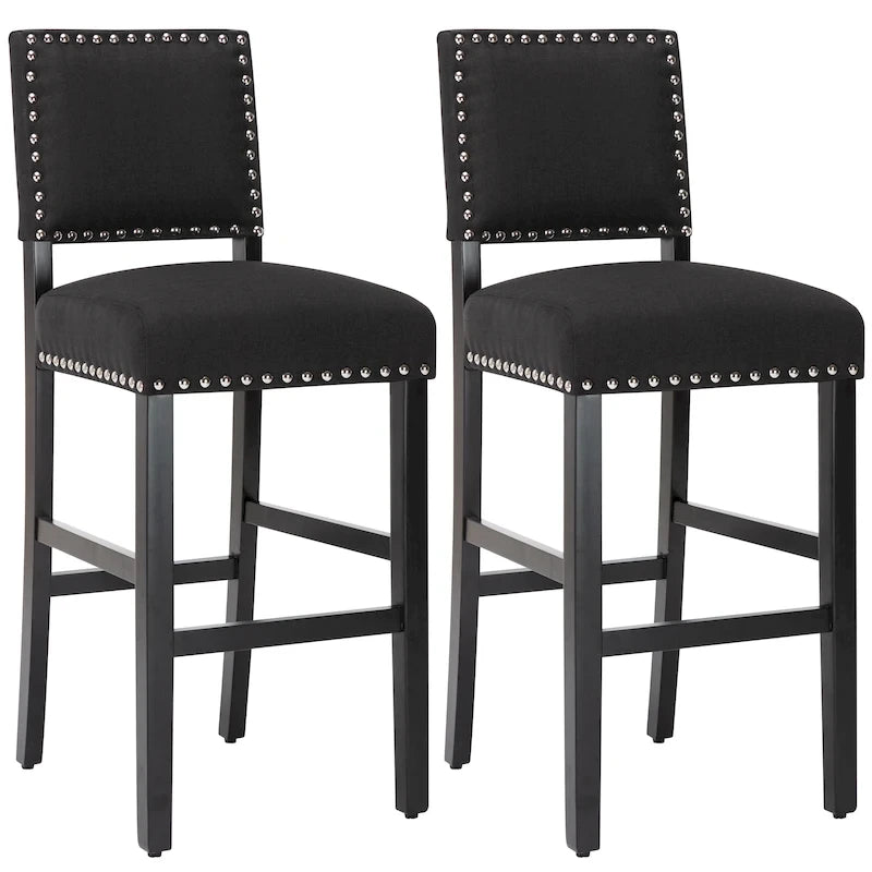 Tabourets de bar en tissu de 71 cm, tabourets de bar rembourrés Chaises de pub avec dossier et garniture de clous argentés, ensemble de 2