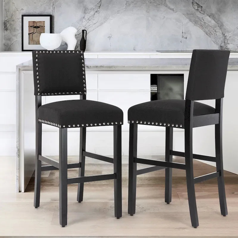 Tabourets de bar en tissu de 71 cm, tabourets de bar rembourrés Chaises de pub avec dossier et garniture de clous argentés, ensemble de 2