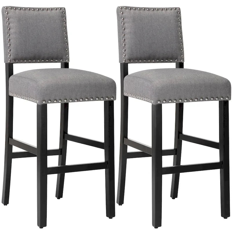 Tabourets de bar en tissu de 71 cm, tabourets de bar rembourrés Chaises de pub avec dossier et garniture de clous argentés, ensemble de 2