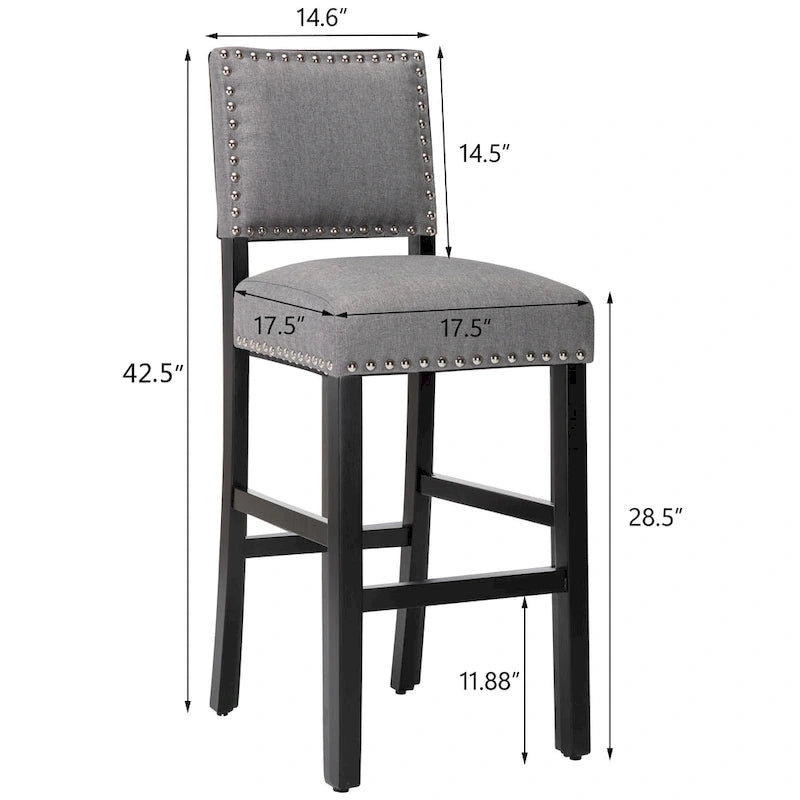Tabourets de bar en tissu de 71 cm, tabourets de bar rembourrés Chaises de pub avec dossier et garniture de clous argentés, ensemble de 2