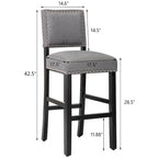 Tabourets de bar en tissu de 71 cm, tabourets de bar rembourrés Chaises de pub avec dossier et garniture de clous argentés, ensemble de 2