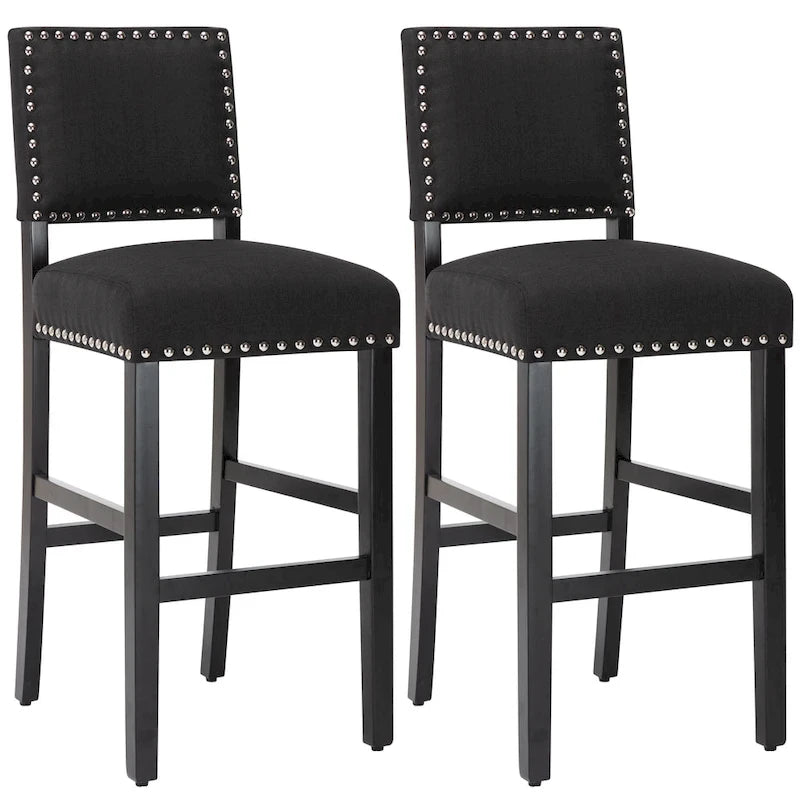 Tabourets de bar en tissu de 71 cm, tabourets de bar rembourrés Chaises de pub avec dossier et garniture de clous argentés, ensemble de 2