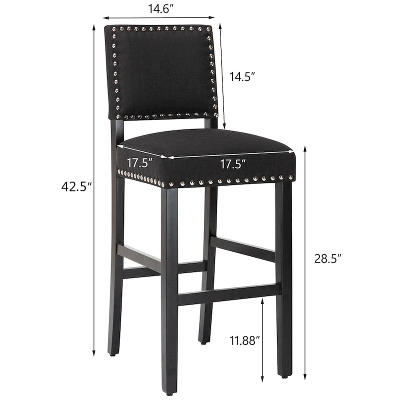 Tabourets de bar en tissu de 71 cm, tabourets de bar rembourrés Chaises de pub avec dossier et garniture de clous argentés, ensemble de 2