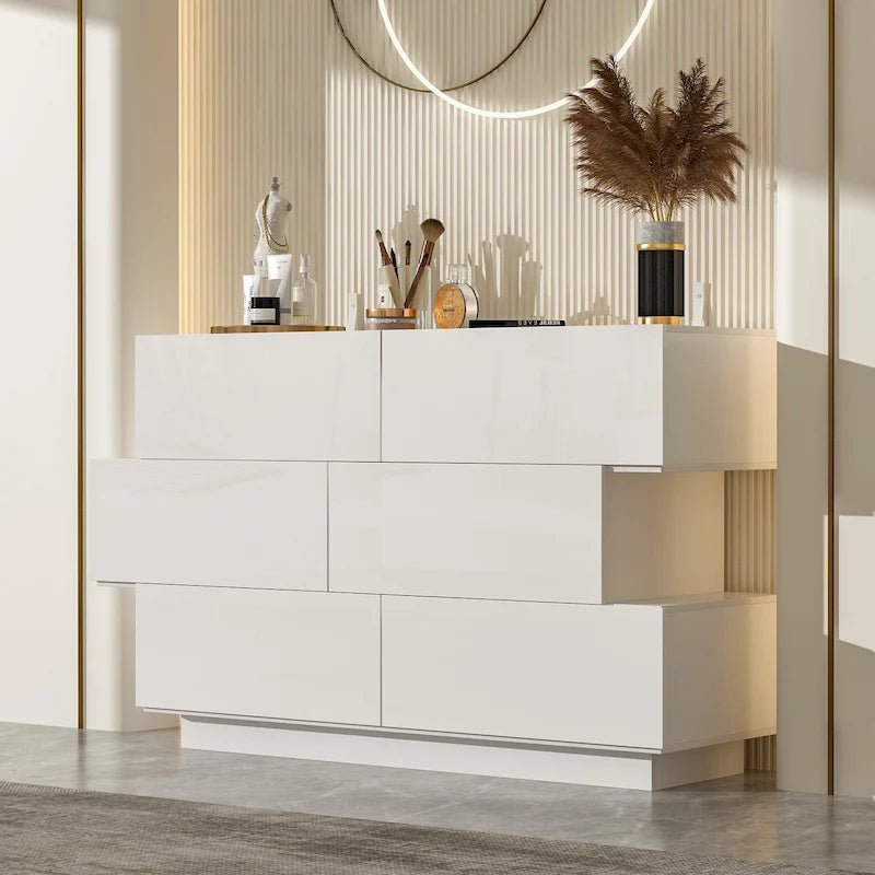 Commode à six tiroirs ultra-brillante avec design décalé (noir/blanc)