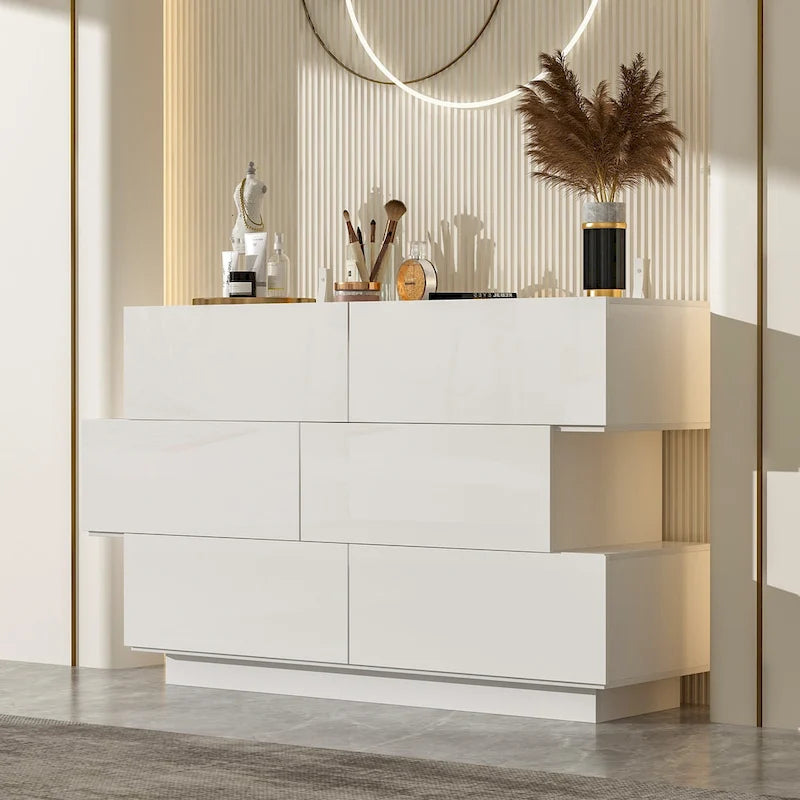 Commode à six tiroirs ultra-brillante avec design décalé (noir/blanc)