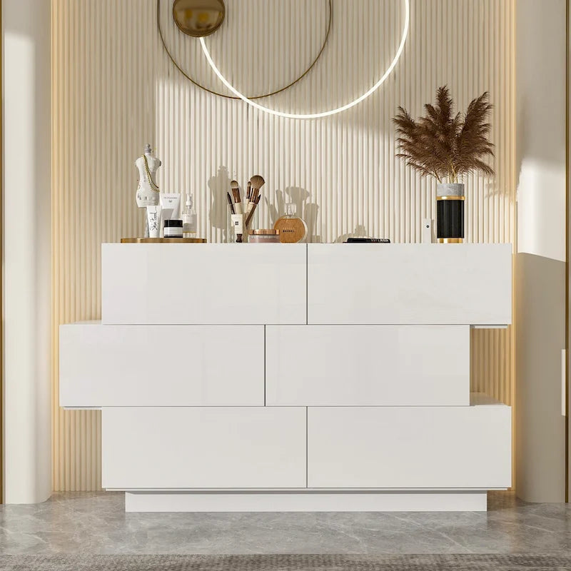 Commode à six tiroirs ultra-brillante avec design décalé (noir/blanc)