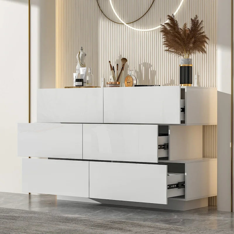 Commode à six tiroirs ultra-brillante avec design décalé (noir/blanc)