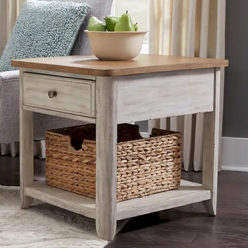 Table d'appoint réinventée blanc antique avec panier de style ferme