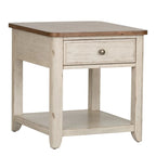 Table d'appoint réinventée blanc antique avec panier de style ferme